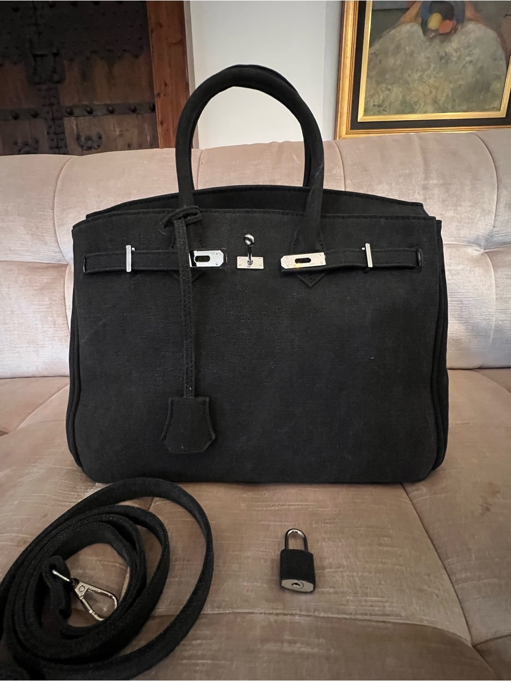 Black Birkin Style Boatkin Canvas Tote Bag with Silver Hardware